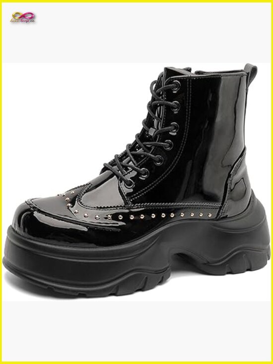 Men\'s Patent Leather Rivet Platform Motorcycle Boots with Side Zipper Fashion main image 6